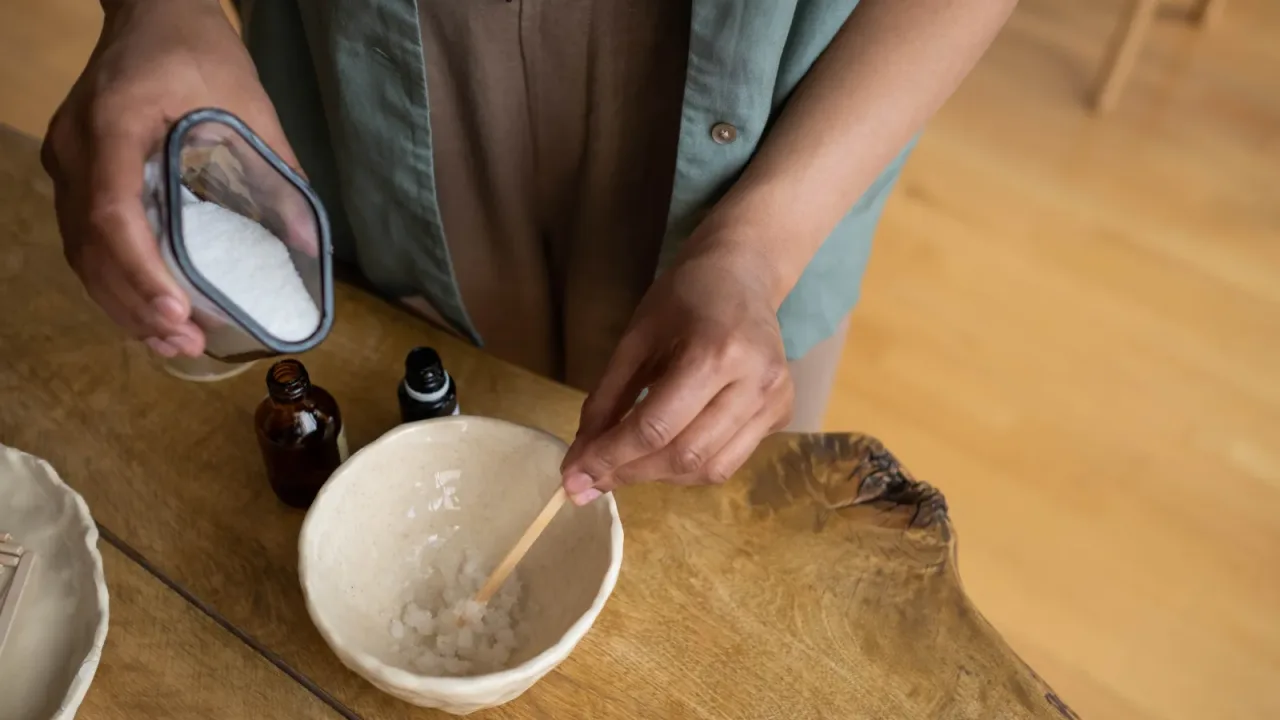 Exfoliante de azúcar o sal preparado en un recipiente